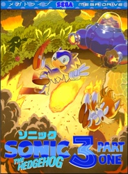 Size: 1505x2048 | Tagged: safe, artist:megadora2612, miles "tails" prower, robotnik, sonic the hedgehog, 2023, abstract background, angel island, box art, classic robotnik, classic sonic, classic tails, english text, falling, fire, japanese text, sega logo, smoke, sonic the hedgehog 3, trio, v sign