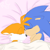 Size: 2048x2048 | Tagged: dead source, safe, artist:raccooncountry, miles "tails" prower, sonic the hedgehog, abstract background, bed, duo, eyes closed, floppy ears, gay, indoors, movie style, pout, shipping, sleeping, snuggling, sonic x tails