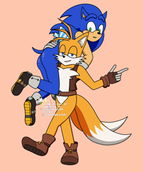 Size: 2000x2400 | Tagged: safe, artist:moontigerange1, miles "tails" prower, sails, sonic the hedgehog, sonic prime, aged up, blushing, butt, carrying them, clenched teeth, duo, gay, lidded eyes, looking at them, looking at viewer, older, sails x sonic, shipping, simple background, smile, sonic x tails, tan background, v sign, walking