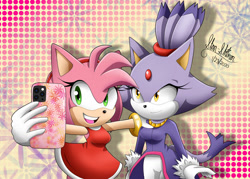 Size: 1280x915 | Tagged: safe, artist:star-shiner, amy rose, blaze the cat, cat, hedgehog, 2020, amy x blaze, amy's halterneck dress, blaze's tailcoat, cute, female, females only, hand on shoulder, lesbian, phone, selfie, shipping, smartphone