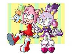 Size: 1024x768 | Tagged: safe, artist:alejandraquintero, amy rose, blaze the cat, cat, hedgehog, 2017, amy x blaze, amy's halterneck dress, blaze's tailcoat, cute, female, females only, ice cream, lesbian, pointing, shipping