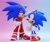 Size: 2048x1728 | Tagged: dead source, safe, artist:ladylunanova, sonic the hedgehog, 2023, 3d, classic sonic, clothes, duo, gradient background, head pat, looking at each other, modern sonic, self paradox, smile, soap shoes, standing, trans female, transgender