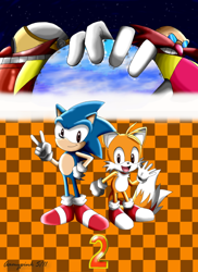 Size: 500x688 | Tagged: safe, artist:aamypink, miles "tails" prower, robotnik, sonic the hedgehog, human, sonic the hedgehog 2, 2011, abstract background, alternate eye color, brown eyes, death egg robot, male, poster, robot, smile, standing, trio, v sign, waving