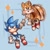 Size: 4000x4000 | Tagged: safe, artist:stinkbadgers, miles "tails" prower, sonic the hedgehog, abstract background, classic sonic, classic sonic (universe), classic tails, cute, duo, fistbump, looking up, mouth open, smile, sonabetes, sparkles, tailabetes