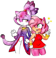 Size: 1024x1070 | Tagged: safe, artist:xx-bunny-girl-xx, amy rose, blaze the cat, cat, hedgehog, 2019, amy x blaze, amy's halterneck dress, blaze's tailcoat, blushing, cute, female, females only, lesbian, one eye closed, shipping, star (symbol)