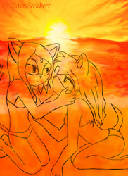 Size: 900x1238 | Tagged: safe, artist:robertfeateckbert, amy rose, blaze the cat, cat, hedgehog, 2012, alternate version, amy x blaze, beach, bikini, female, females only, hand on cheek, lesbian, looking at each other, romantic, shipping, sketch