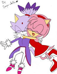 Size: 1024x1336 | Tagged: safe, artist:saya-chiko, amy rose, blaze the cat, cat, hedgehog, 2016, amy x blaze, amy's halterneck dress, blaze's tailcoat, cute, eyes closed, female, females only, hugging, lesbian, mouth open, shipping