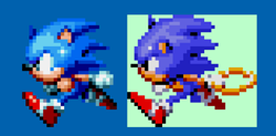 Size: 1182x581 | Tagged: safe, artist:audioream, sonic the hedgehog, sonic mania, 2022, blue background, classic sonic, redraw, reference inset, remake, running, simple background, solo, sonic crackers, sprite