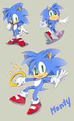 Size: 394x644 | Tagged: safe, artist:bloomth, oc, oc:monty the hedgehog, hedgehog, 2014, beige background, character name, gloves, holding something, looking at viewer, male, oc only, ring, shoes, simple background, smile, solo, sparkles, standing, walking