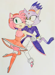 Size: 1024x1399 | Tagged: safe, artist:mikumydearest, amy rose, blaze the cat, cat, hedgehog, 2018, amy x blaze, amy's halterneck dress, blaze's tailcoat, cute, female, females only, hugging, lesbian, looking back, one eye closed, shipping, traditional media