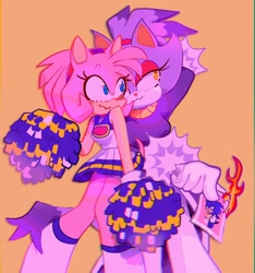 Size: 958x1024 | Tagged: safe, artist:ikiigang, amy rose, blaze the cat, sonic the hedgehog, cat, hedgehog, 2019, amy x blaze, blaze's tailcoat, cheerleader outfit, cute, female, females only, flame, lesbian, picture frame, pompom, shipping