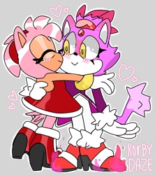 Size: 782x880 | Tagged: safe, artist:korbydaze, amy rose, blaze the cat, cat, hedgehog, 2020, amy x blaze, amy's halterneck dress, blaze's tailcoat, cute, eyes closed, female, females only, hand on back, hearts, kiss on cheek, lesbian, shipping