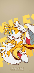 Size: 1284x2778 | Tagged: safe, miles "tails" prower, character name, edit, eyelashes, official artwork, solo, wallpaper