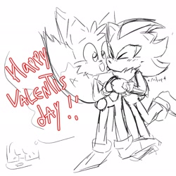 Size: 2048x2048 | Tagged: safe, artist:geinsfw1, miles "tails" prower, shadow the hedgehog, 2023, blushing, cute, duo, english text, eyes closed, gay, intentional typo, licking, line art, mouth open, sfx, shadow x tails, shadowbetes, shipping, signature, sketch, smile, standing, tailabetes, tongue out, typo, valentine's day