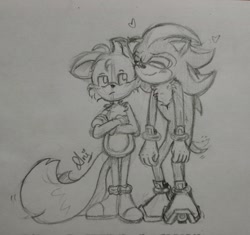 Size: 2048x1923 | Tagged: safe, artist:anasnchez, miles "tails" prower, shadow the hedgehog, 2022, cute, duo, eyes closed, frown, gay, heart, line art, looking at them, nuzzle, pencilwork, shadow x tails, shadowbetes, shipping, signature, sketch, smile, standing, traditional media