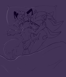 Size: 1757x2048 | Tagged: suggestive, artist:sh6daails9, miles "tails" prower, shadow the hedgehog, 2022, bed, blushing, crotch grab, duo, frown, gay, hugging from behind, indoors, lidded eyes, looking at them, monochrome, older, pillow, pout, purple, shadow x tails, shipping