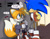 Size: 2300x1800 | Tagged: safe, artist:mintokitsune_, artist:pepamintopatty, sonic the hedgehog, :<, abstract background, alternate universe, blushing, book, bully, bullying, clothes, cute, dialogue, duo, english text, flirting, frown, gay, glasses, high school, holding something, indoors, lidded eyes, locker, looking at each other, nerd, oversized, redraw, scared, sfx, shipping, signature, smile, sonic x tails, standing, tailabetes