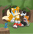 Size: 1282x1314 | Tagged: safe, artist:mintokitsune_, artist:pepamintopatty, flicky, miles "tails" prower, t-pup, abstract background, alternate shoes, bomb, holding something, looking up, outdoors, robot, smile, standing, tails adventure, tree, tree stump, trio