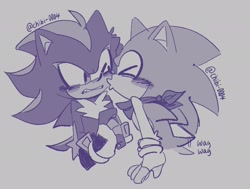 Size: 2048x1551 | Tagged: safe, artist:chibi-0004, shadow the hedgehog, sonic the hedgehog, arm fluff, bandana, clenched teeth, duo, eyes closed, fingerless gloves, gay, grey background, kiss on cheek, looking at them, monochrome, one eye closed, sfx, shadow x sonic, shipping, simple background, standing, wagging tail