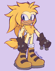 Size: 1582x2048 | Tagged: safe, artist:chibi-0004, oc, bird, blue eyes, blushing, boots, chest fluff, gloves, looking at viewer, male, purple background, simple background, smile, solo, spiked gloves, standing, unnamed oc, yellow fur