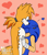 Size: 1800x2100 | Tagged: safe, artist:moontigerange1, miles "tails" prower, sonic the hedgehog, aged up, blushing, duo, eyes closed, floppy ears, fluffy, gay, heart, looking at them, older, pink background, ponytail, shipping, simple background, sonic x tails, standing