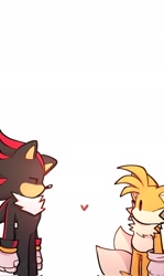 Size: 1224x2048 | Tagged: safe, artist:tetsuchibimori, miles "tails" prower, shadow the hedgehog, 2023, cute, duo, gay, heart, lidded eyes, looking at each other, no mouth, shadow x tails, shadowbetes, shipping, simple background, tailabetes, white background