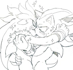 Size: 1024x980 | Tagged: safe, artist:sk_rokuro, shadow the hedgehog, silver the hedgehog, 2023, blushing, duo, eyes closed, gay, holding each other, kiss, line art, shadow x silver, shipping, simple background, sketch, sparkles, standing, white background