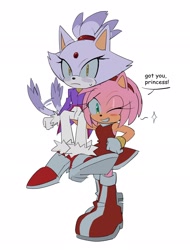 Size: 1560x2048 | Tagged: safe, artist:surgeamy, amy rose, blaze the cat, 2022, amy x blaze, blushing, carrying them, dialogue, duo, english text, frown, grey sclera, lesbian, looking at viewer, shipping, simple background, smile, star (symbol), wagging tail, white background