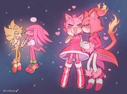Size: 1080x794 | Tagged: safe, artist:sk_rokuro, amy rose, blaze the cat, burning blaze, knuckles the echidna, sonic the hedgehog, super knuckles, super sonic, ..., 2023, abstract background, alternate version, amy x blaze, gay, group, heart, kiss on cheek, knuxonic, lesbian, shipping, sparkles, star (sky), super amy, super form