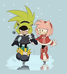 Size: 1856x2048 | Tagged: safe, artist:surgeamy, amy rose, surge the tenrec, 2022, abstract background, blushing, clenched teeth, duo, frown, holding hands, ice skates, lesbian, looking at them, outdoors, shipping, snow, surgamy, sweatdrop, winter, winter outfit