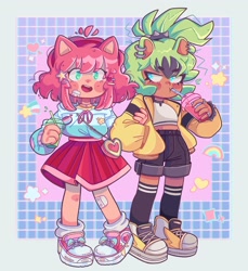 Size: 1873x2048 | Tagged: safe, artist:sadlittlecacti, amy rose, surge the tenrec, human, 2022, abstract background, amybetes, bandaid, blushing, cute, drinking, duo, holding another's arm, humanized, lesbian, looking at them, milkshake, partially humanized, shipping, star (symbol), surgabetes, surgamy