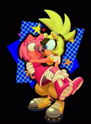Size: 1506x2048 | Tagged: safe, artist:miioozie, amy rose, surge the tenrec, 2023, abstract background, blushing, carrying them, clenched teeth, duo, frown, lesbian, looking at each other, shipping, standing, star (symbol), surgamy, sweatdrop