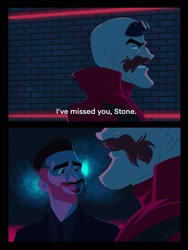 Size: 1536x2048 | Tagged: safe, artist:theabbeyroadie, agent stone, robotnik, human, sonic the hedgehog 2 (2022), 2022, abstract background, comic, dialogue, duo, english text, gay, looking at them, panels, robotnik x stone, shipping, smile, standing
