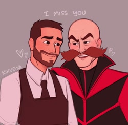 Size: 1036x1012 | Tagged: safe, artist:kiku070, agent stone, robotnik, human, sonic the hedgehog 2 (2022), 2021, blushing, dialogue, duo, english text, gay, grey background, heart, looking at each other, robotnik x stone, scene interpretation, shipping, simple background, smile, standing