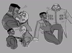 Size: 2048x1511 | Tagged: safe, artist:jamgamy, agent stone, robotnik, human, sonic the hedgehog 2 (2022), 2022, blushing, duo, gay, grabbing, grabbing tie, greyscale, heart, holding them, monochrome, outline, robotnik x stone, shipping, sketch