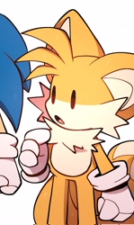 Size: 1224x2048 | Tagged: safe, artist:tetsuchibimori, miles "tails" prower, sonic the hedgehog, 2023, :o, confused, cute, duo, looking at them, mouth open, offscreen character, simple background, solo focus, standing, tailabetes, white background