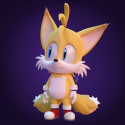 Size: 2000x2000 | Tagged: safe, artist:niskaelin, miles "tails" prower, 2023, 3d, abstract background, blender, chibi, looking offscreen, smile, solo, standing