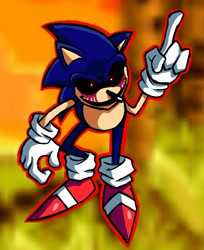 Size: 530x651 | Tagged: safe, artist:mettalicc, sonic the hedgehog, oc, oc:sonic.exe, 2023, act 2, angel island, black sclera, bleeding, bleeding from eyes, blood, four fingers, outline, pointing, screenshot background, solo, standing