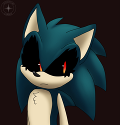 Size: 2237x2334 | Tagged: safe, artist:interstellarchaosss, sonic the hedgehog, oc, oc:sonic.exe, 2022, black background, black sclera, chest fluff, eyelashes, frown, male, red eyes, simple background, solo, standing, watermark