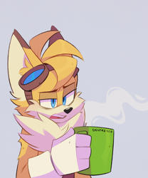 Size: 2953x3543 | Tagged: safe, artist:lanzo000, miles "tails" prower, 2023, commission, ear fluff, goggles, goggles on head, grey background, holding something, lidded eyes, mouth open, mug, older, simple background, solo