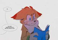 Size: 2953x2008 | Tagged: safe, artist:lanzo000, mangey, miles "tails" prower, 2023, book, crying, dialogue, english text, floppy ears, frown, grey background, holding something, looking at something, offscreen character, reading, simple background, solo, tears