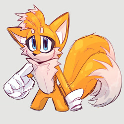 Size: 1280x1280 | Tagged: safe, artist:inkidote, miles "tails" prower, 2023, beanbrows, frown, grey background, looking at viewer, pointing, simple background, solo, standing