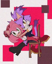Size: 720x885 | Tagged: safe, artist:weirdl0ver, amy rose, blaze the cat, cat, hedgehog, 2024, amy x blaze, chair, cute, female, females only, holding them, lesbian, looking at viewer, shipping