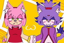 Size: 1748x1181 | Tagged: safe, artist:heysays1, amy rose, blaze the cat, cat, hedgehog, 2023, amy x blaze, amy's halterneck dress, blaze's tailcoat, cute, female, females only, holding hands, lesbian, looking at viewer, shipping