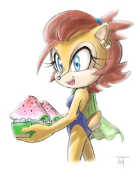 Size: 612x761 | Tagged: safe, artist:adam bryce thomas, sally acorn, earring, swimsuit, watermelon