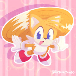 Size: 1920x1920 | Tagged: safe, artist:lettuce-shoes, miles "tails" prower, abstract background, arms out, cute, flying, looking at viewer, mouth open, outline, shadow (lighting), signature, smile, solo, spinning tails, tailabetes