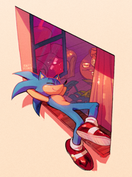 Size: 742x1000 | Tagged: dead source, safe, artist:mary-venom, sonic the hedgehog, arms behind head, curtain, eyes closed, lying down, signature, sleeping, smile, solo, window