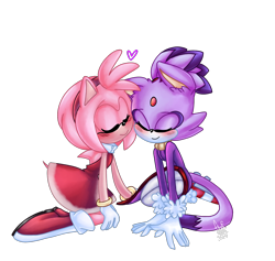 Size: 1368x1295 | Tagged: safe, artist:flooffloof2, amy rose, blaze the cat, cat, hedgehog, 2019, amy x blaze, amy's halterneck dress, blaze's tailcoat, blushing, cheek to cheek, cute, eyes closed, female, females only, heart, lesbian, shipping