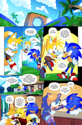 Size: 3000x4578 | Tagged: safe, artist:drawloverlala, bernadette hedgehog, miles "tails" prower, sonic the hedgehog, zooey the fox, fox, hedgehog, hybrid, comic:sonic world travel, green hill zone, au:sonic world travel, blue power pattern, house, kitsune, loop, yellow power pattern