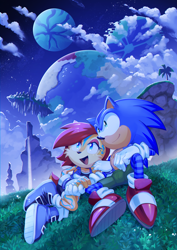 Size: 2480x3508 | Tagged: safe, artist:drawloverlala, sally acorn, sonic the hedgehog, chipmunk, hedgehog, green hill zone, angel island, au:sonic world travel, blue power pattern, cyan power pattern, little planet, lost hex, planet wisp, sally x sonic, shipping, straight